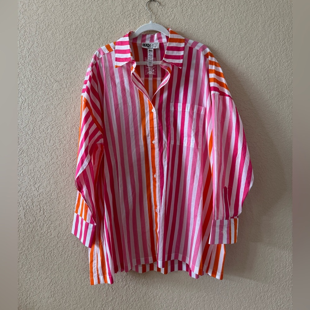 NWOT Beach Riot Stripe Oversized Button Down Shirt Beach Resort Coverup, Size PL